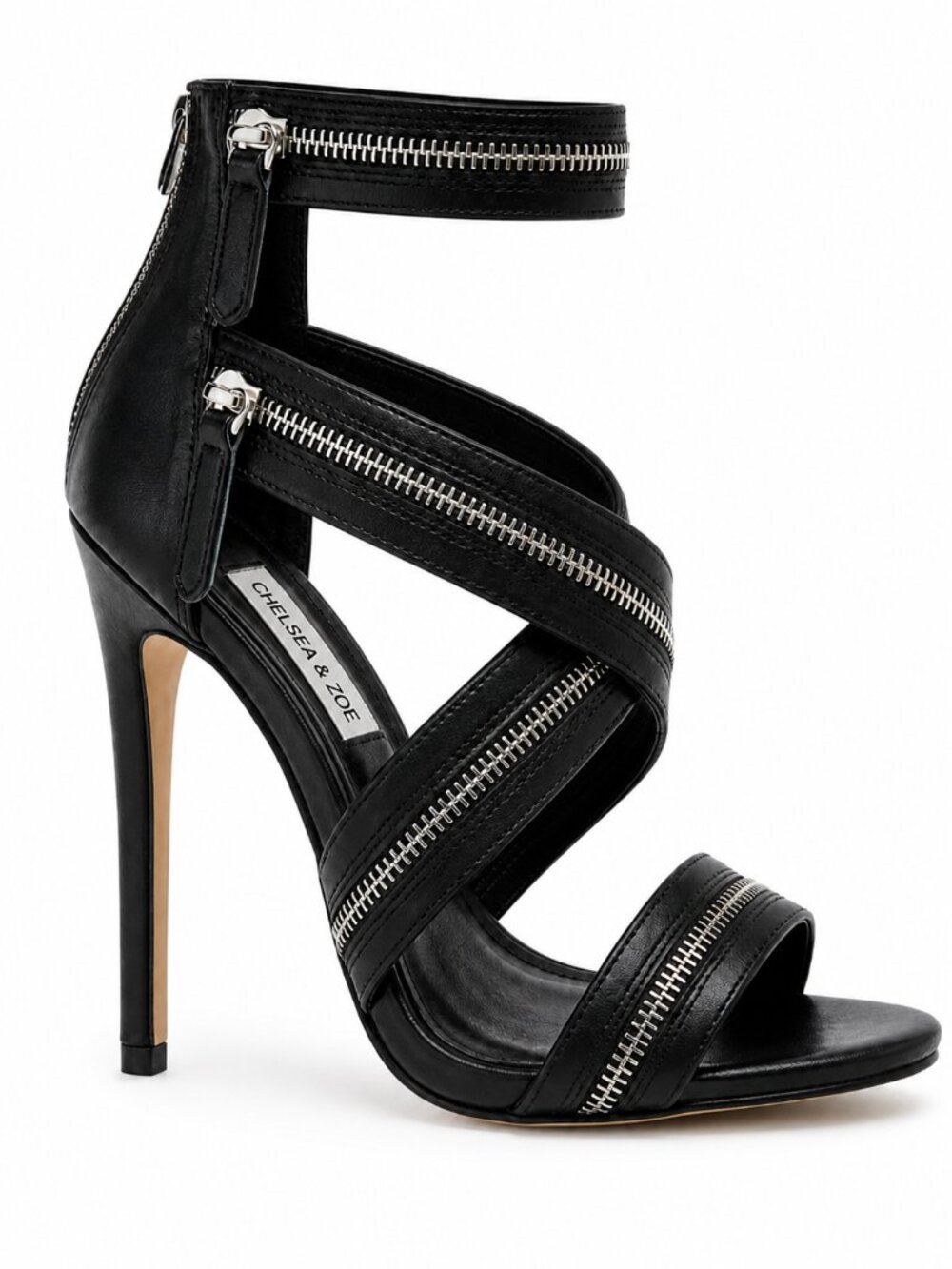 Chelsea & Zoe Black Strappy Heels Zip Detail Stiletto Sandals Women’s